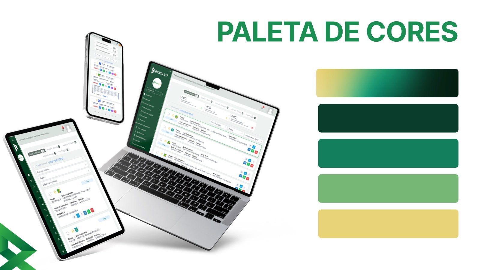 Paleta de cores e mockups da plataforma