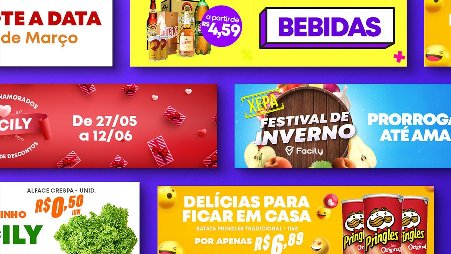 Seleção de banners Facily com campanhas sazonais e ofertas